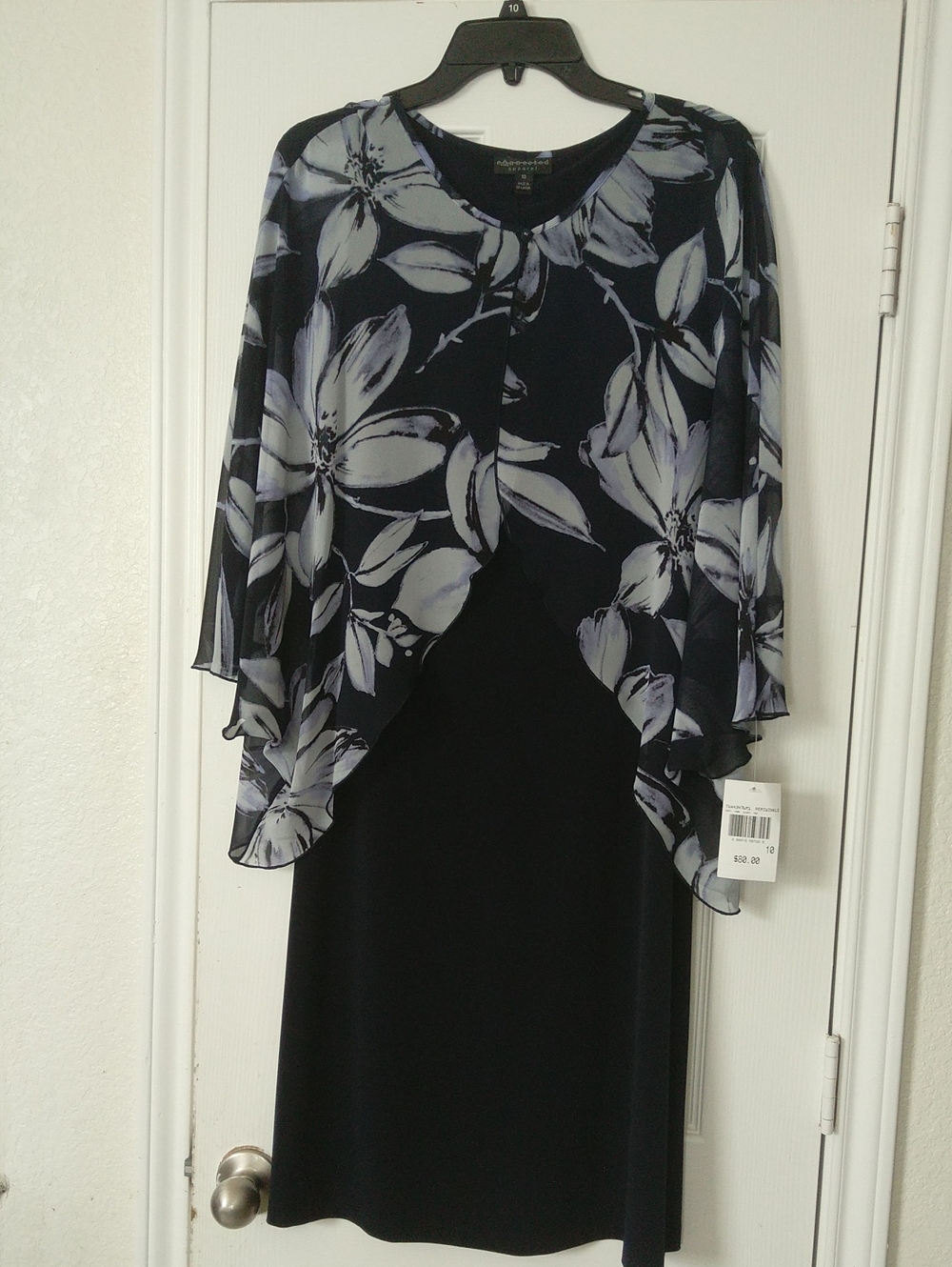 Connected apparel Chiffon Classic Navy And White Floral Overlay Midi Dress Sz 10